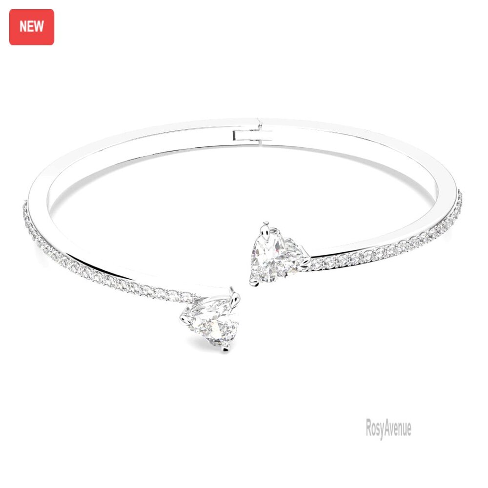 Heart Crystal Bangle Bracelet Rhodium Finish Size M 2.13 Inches
